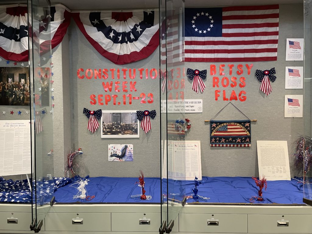 This is a photo of the Constitution Week display at the Prescott City Library created by General George Crook Chapter, NSDAR.