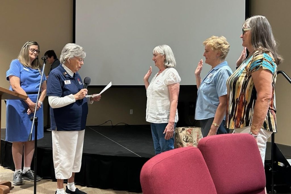 This is a photo of three new members joining General George Crook Chapter, NSDAR, at the September 2023 chapter meeting.