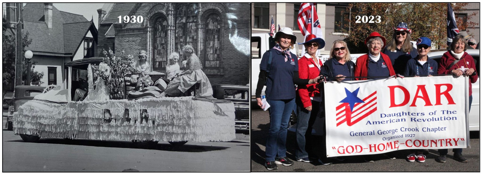 These two photos show the General George Crook Chapter, NSDAR, on a parade float in 1930 and the chapter marching in a parade in 2023. Photo courtesy of Sharlot Hall Museum Library & Archives/DAR collection.